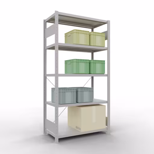 Grundregal, Fachbodenregal Stecksystem MULTIplus250, 2000 x 1000 x 500 mm (HxBxT), 5 Fachböden, Kreuzstrebe, RAL 7035 lichtgrau mit der GTIN 4004514203984 Grundregal, Fachbodenregal Stecksystem MULTIplus250, 2000 x 1000 x 500 mm (HxBxT), 5 Fachböden, Kreuzstrebe, RAL 7035 lichtgrau von Schulte Lagertechnik mit der Artikelnr. 32850