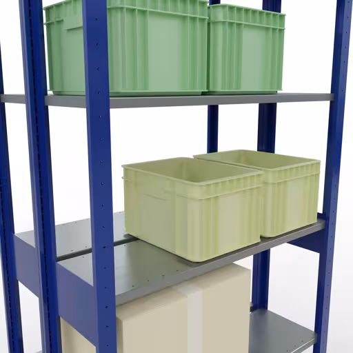 Andere Ansicht des Artikels Grundregal, Doppelregal, Fachbodenregal Stecksystem MULTIplus150, 2500 x 1000 x (2x300) mm (HxBxT), 2x6 Fachböden, Längenriegel, RAL 5010 enzianblau aus der Kategorie Fachbodenregale