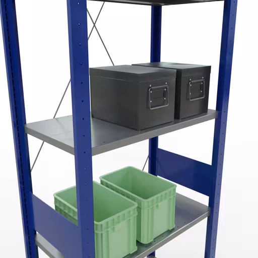 Zusatzbild des Artikels Grundregal, Fachbodenregal Stecksystem MULTIplus150, 3000 x 750 x 400 mm (HxBxT), 7 Fachböden, Kreuzstrebe, RAL 5010 enzianblau/verzinkt/verzinkt Zusatzbild des Artikels Grundregal, Fachbodenregal Stecksystem MULTIplus150, 3000 x 750 x 400 mm (HxBxT), 7 Fachböden, Kreuzstrebe, RAL 5010 enzianblau/verzinkt/verzinkt aus Grundregal