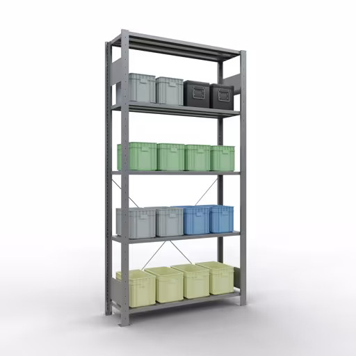 Produktbild Nr 14 des Artikels Grundregal, Fachbodenregal Stecksystem MULTIplus150, 2000 x 1000 x 300 mm (HxBxT), 5 Fachböden, Kreuzstrebe, verzinkt Abbildung Nr 14 des Artikels Grundregal, Fachbodenregal Stecksystem MULTIplus150, 2000 x 1000 x 300 mm (HxBxT), 5 Fachböden, Kreuzstrebe, verzinkt aus der Produktgruppe Stecksystem von der Marke Schulte Lagertechnik