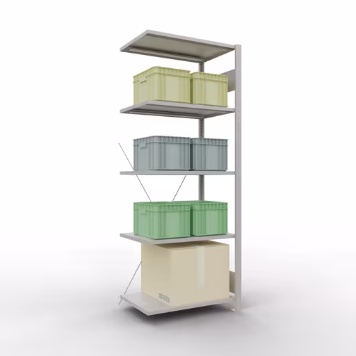 Anbauregal, Fachbodenregal Stecksystem MULTIplus150, 2000 x 750 x 500 mm (HxBxT), 5 Fachböden, Kreuzstrebe, RAL 7035 lichtgrau mit der GTIN 4004514205513 Anbauregal, Fachbodenregal Stecksystem MULTIplus150, 2000 x 750 x 500 mm (HxBxT), 5 Fachböden, Kreuzstrebe, RAL 7035 lichtgrau von Schulte Lagertechnik mit der Artikelnr. 32655-75