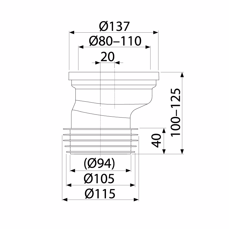 AlcaPlast A991 exzentrischer WC Anschluß Stutzen DN 80 - 110 weiß ø 105 - 115 mm 20mm Versatz