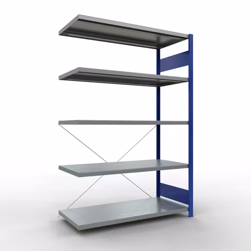 Anbauregal, Fachbodenregal Stecksystem MULTIplus250, 2000 x 1300 x 600 mm (HxBxT), 5 Fachböden, Kreuzstrebe, RAL 5010 enzianblau/verzinkt aus der Kategorie Anbauregal mit der Artikelnummer 12965-130-B
