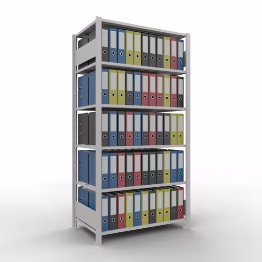 Grundregal, Büro-Fachbodenregal Stecksystem MULTIplus150, 2000 x 1000 x 600 mm (HxBxT), 6 Fachböden, Längenriegel, mit Mittelanschlag, lichtgrau von Schulte Lagertechnik mit der Artikelnr. 36043