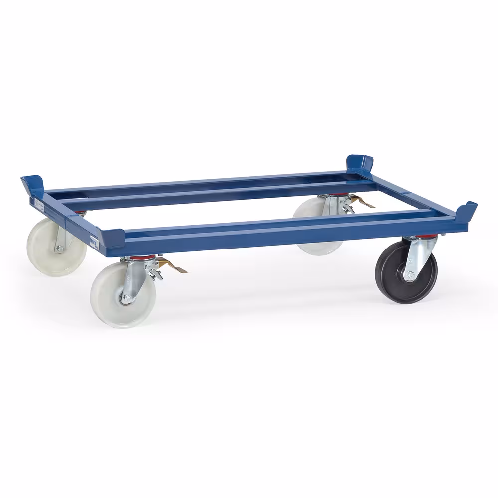 Paletten-Fahrgestell Trolley Robuste Winkelstahl-Schweißkonstruktion, mit 4 Fangecken. Pulverbeschichtet blau RAL 5007 aus der Kategorie Paletten-Fahrgestelle