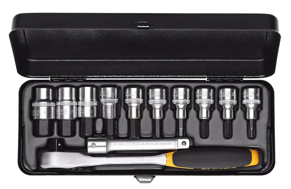 Steckschlüssel-Satz 1/2", Innen-Sechskant, 9-teilig 3/16"-3/4" AF 770-KINAK von ELORA Steckschlüssel-Satz 1/2", Innen-Sechskant, ELORA-770-KIN aus der Kategorie Steckschlüssel-Sortiment 1/2" mit der Artikelnr. 0770550352900