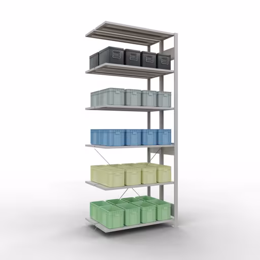 Produktbild Nr 8 des Artikels Anbauregal, Doppelregal, Fachbodenregal Stecksystem MULTIplus150, 2500 x 1000 x (2x300) mm (HxBxT), 2x6 Fachböden, Kreuzstrebe, RAL 7035 lichtgrau Abbildung Nr 8 des Artikels Anbauregal, Doppelregal, Fachbodenregal Stecksystem MULTIplus150, 2500 x 1000 x (2x300) mm (HxBxT), 2x6 Fachböden, Kreuzstrebe, RAL 7035 lichtgrau aus der Produktgruppe Fachbodenregale von der Marke Schulte Lagertechnik