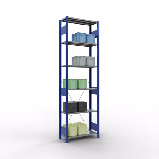 Grundregal, Fachbodenregal Stecksystem MULTIplus150, 2500 x 750 x 300 mm (HxBxT), 6 Fachböden, Kreuzstrebe, RAL 5010 enzianblau/verzinkt/verzinkt aus der Kategorie Grundregal mit der GTIN 4004514279521 Grundregal, Fachbodenregal Stecksystem MULTIplus150, 2500 x 750 x 300 mm (HxBxT), 6 Fachböden, Kreuzstrebe, RAL 5010 enzianblau/verzinkt/verzinkt von der Marke Schulte Lagertechnik aus der Produktreihe Stecksystem