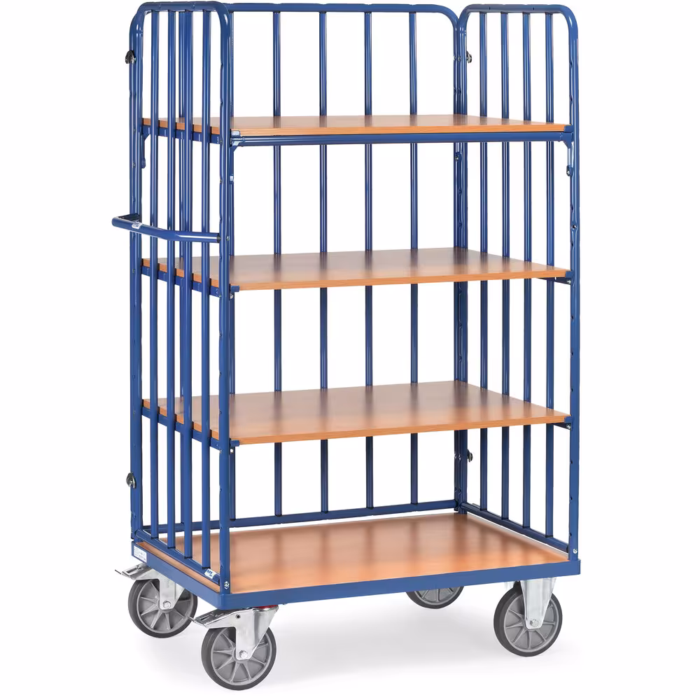 Etagenwagen Rohrstreben 4 Etagen Baukasten-System aus Stahlrohr und Profilstahl geschweißt, pulverbeschichtet blau RAL 5007, Schraubkonstruktion aus der Kategorie Etagenwagen