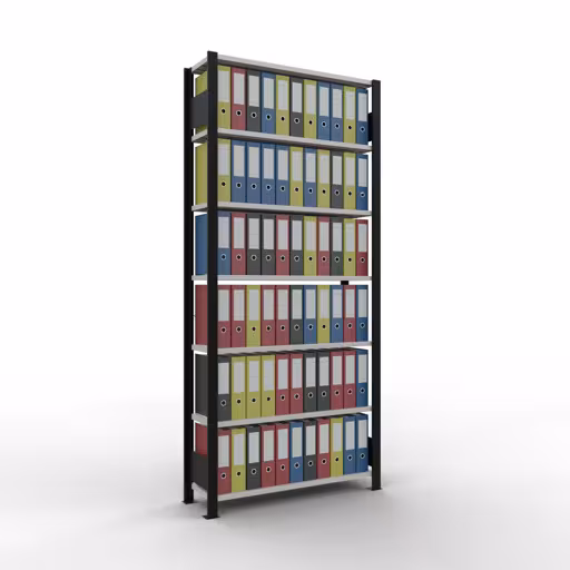 Grundregal, Büro-Fachbodenregal Stecksystem MULTIplus85, 2300 x 1000 x 300 mm (HxBxT), 7 Fachböden, Kreuzstrebe, ohne Anschlagleiste, schwarz/lichtgrau von der Marke Schulte Lagertechnik aus der Produktreihe Büroregale
