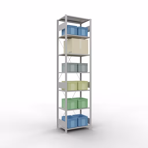 Zusatzbild des Artikels Grundregal, Fachbodenregal Stecksystem MULTIplus150, 3000 x 750 x 500 mm (HxBxT), 7 Fachböden, Kreuzstrebe, RAL 7035 lichtgrau Zusatzbild des Artikels Grundregal, Fachbodenregal Stecksystem MULTIplus150, 3000 x 750 x 500 mm (HxBxT), 7 Fachböden, Kreuzstrebe, RAL 7035 lichtgrau aus Grundregal