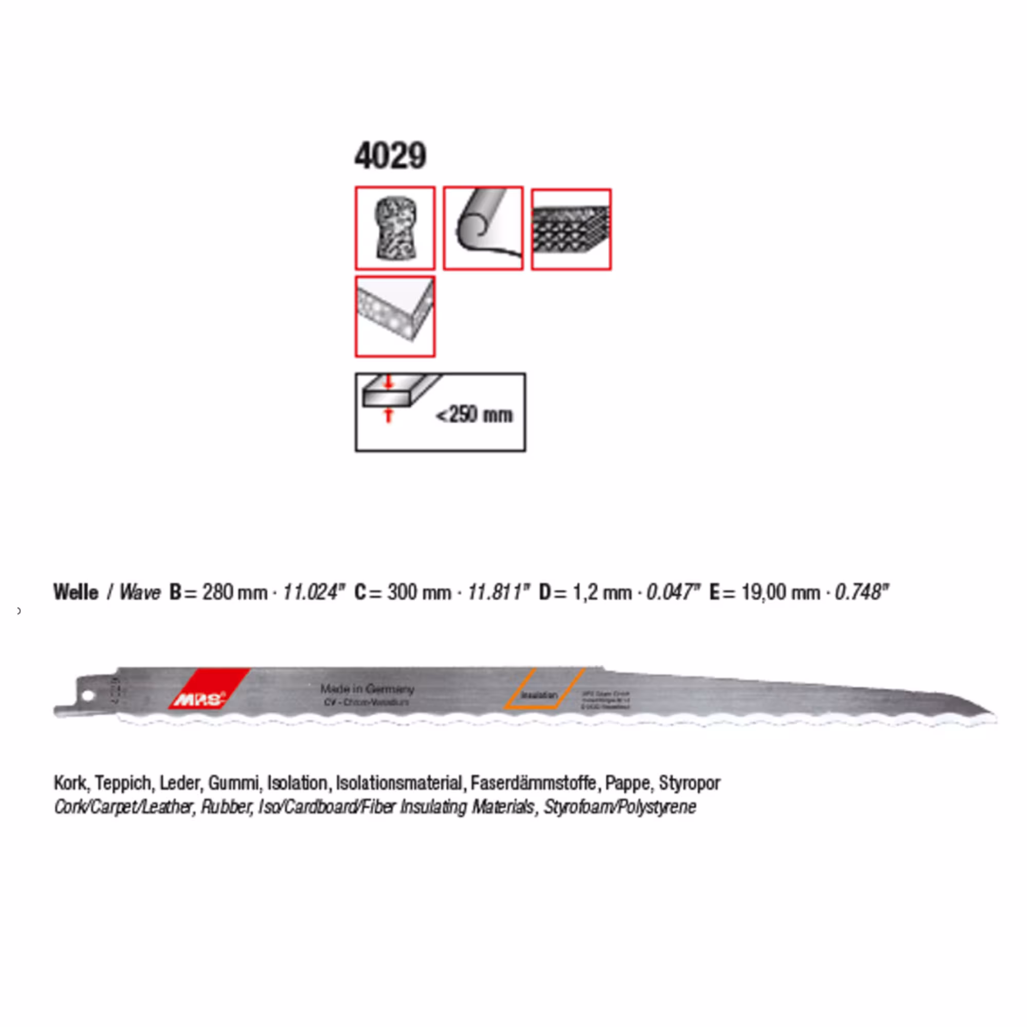 Säbelsägeblatt Messer/Welle Gesamtlänge 300/verzahnte Länge 280mm aus der Kategorie Säbelsägeblatt mit der GTIN 4028655340292 Säbelsägeblatt für Isolierung von der Marke MPS aus der Kategorie Säbelsägeblatt