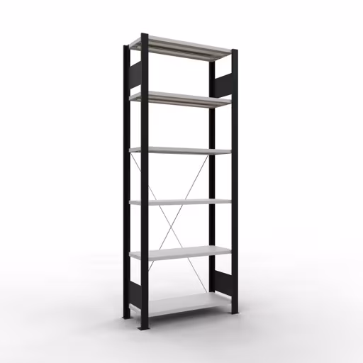 Grundregal, Büro-Fachbodenregal Stecksystem MULTIplus85, 2000 x 750 x 300 mm (HxBxT), 6 Fachböden, Kreuzstrebe, ohne Anschlagleiste, schwarz/lichtgrau aus der Kategorie Stecksystem mit der Artikelnummer 36024-S