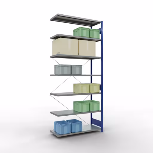 Abbildung Nr 15 des Artikels Anbauregal, Fachbodenregal Stecksystem MULTIplus250, 3000 x 1300 x 500 mm (HxBxT), 7 Fachböden, Kreuzstrebe, RAL 5010 enzianblau/verzinkt aus der Produktgruppe Stecksystem von der Marke Schulte Lagertechnik