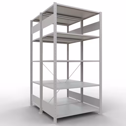 Grundregal, Doppelregal, Fachbodenregal Stecksystem MULTIplus150, 2000 x 1000 x (2x600) mm (HxBxT), 2x5 Fachböden, Kreuzstrebe, RAL 7035 lichtgrau von der Marke Schulte Lagertechnik Grundregal, Doppelregal, Fachbodenregal Stecksystem MULTIplus150, 2000 x 1000 x (2x600) mm (HxBxT), 2x5 Fachböden, Kreuzstrebe, RAL 7035 lichtgrau aus der Kategorie Doppelregale mit der Artikelnummer 32760