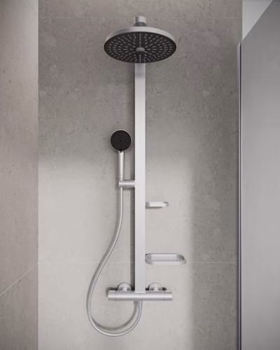 Ideal Standard Duschsystem CerathermAlu+ mit Brausethermostat, 2 Ablagen, 2-funktioniger Handbrause und 2-funktioniger Kopfbrause Silver