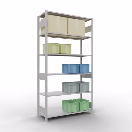 Zusatzbild des Artikels Grundregal, Fachbodenregal Stecksystem MULTIplus150, 2500 x 1300 x 500 mm (HxBxT), 6 Fachböden, Längenriegel, RAL 7035 lichtgrau aus Grundregal