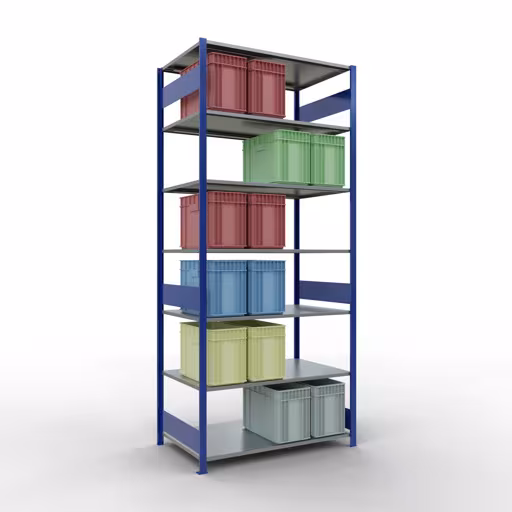 Grundregal, Fachbodenregal Stecksystem MULTIplus150, 3000 x 1300 x 800 mm (HxBxT), 7 Fachböden, Längenriegel, RAL 5010 enzianblau/verzinkt mit der GTIN 4004514281418 Grundregal, Fachbodenregal Stecksystem MULTIplus150, 3000 x 1300 x 800 mm (HxBxT), 7 Fachböden, Längenriegel, RAL 5010 enzianblau/verzinkt von Schulte Lagertechnik mit der Artikelnr. 12782-130-LR-B