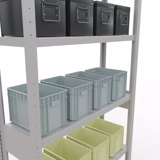 Zusatzbild des Artikels Grundregal, Fachbodenregal Stecksystem MULTIplus330, 2500 x 1000 x 300 mm (HxBxT), 6 Fachböden, Kreuzstrebe, RAL 7035 lichtgrau aus Grundregal