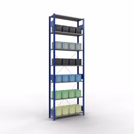 Grundregal, Fachbodenregal Stecksystem MULTIplus85, 3000 x 1000 x 300 mm (HxBxT), 7 Fachböden, Kreuzstrebe, RAL 5010 enzianblau von Schulte Lagertechnik mit der Artikelnr. 13132-B