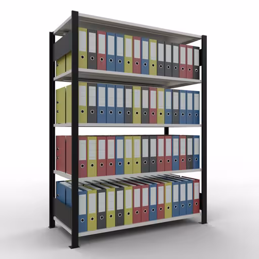 Grundregal, Büro-Fachbodenregal Stecksystem MULTIplus150, 1800 x 1300 x 600 mm (HxBxT), 5 Fachböden, Längenriegel, ohne Mittelanschlag, schwarz/lichtgrau von Schulte Lagertechnik mit der Artikelnr. 36056-S