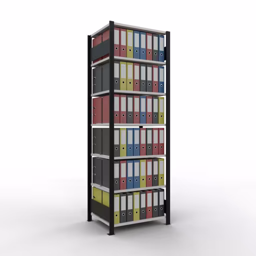 Grundregal, Büro-Fachbodenregal Stecksystem MULTIplus150, 2300 x 750 x 600 mm (HxBxT), 7 Fachböden, Längenriegel, mit Mittelanschlag, schwarz/lichtgrau aus der Kategorie Stecksystem mit der GTIN 4004514250018 Grundregal, Büro-Fachbodenregal Stecksystem MULTIplus150, 2300 x 750 x 600 mm (HxBxT), 7 Fachböden, Längenriegel, mit Mittelanschlag, schwarz/lichtgrau von der Marke Schulte Lagertechnik aus der Produktreihe Büroregale