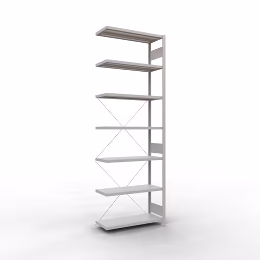 Produktbild Nr.12 des Artikels Anbauregal, Fachbodenregal Stecksystem MULTIplus250, 3000 x 1000 x 400 mm (HxBxT), 7 Fachböden, Kreuzstrebe, RAL 7035 lichtgrau aus der Produktreihe Stecksystem von der Marke Schulte Lagertechnik