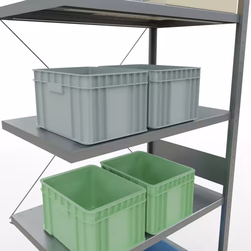 Produktbild Nr.13 des Artikels Anbauregal, Fachbodenregal Stecksystem MULTIplus250, 3000 x 1000 x 600 mm (HxBxT), 7 Fachböden, Kreuzstrebe, verzinkt aus der Produktreihe Stecksystem von der Marke Schulte Lagertechnik