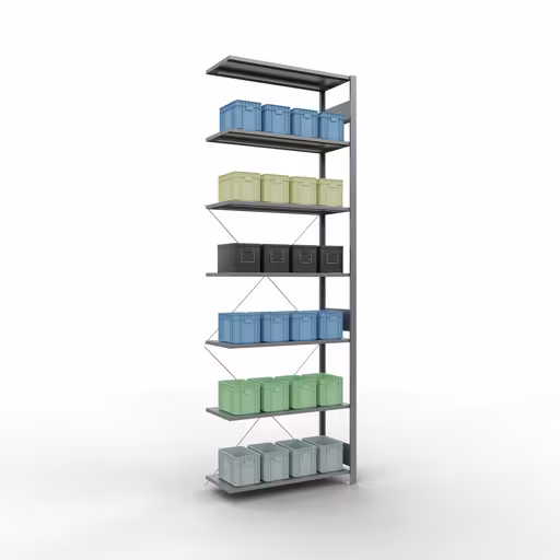 Produktbild Nr 13 des Artikels Anbauregal, Fachbodenregal Stecksystem MULTIplus150, 3000 x 1000 x 400 mm (HxBxT), 7 Fachböden, Kreuzstrebe, verzinkt Abbildung Nr 13 des Artikels Anbauregal, Fachbodenregal Stecksystem MULTIplus150, 3000 x 1000 x 400 mm (HxBxT), 7 Fachböden, Kreuzstrebe, verzinkt aus der Produktgruppe Stecksystem von der Marke Schulte Lagertechnik