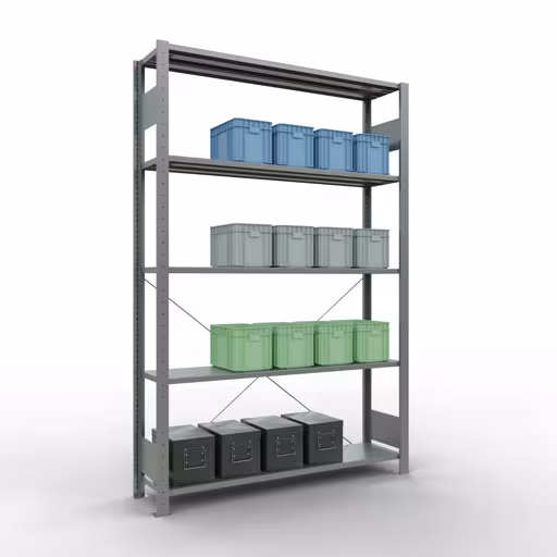 Stecksystem Grundregal 2000x1300x300 mm, Typ 150 kg, verzinkt mit der GTIN 4004514217523 Stecksystem Grundregal 2000x1300x300 mm, Typ 150 kg, verzinkt von Schulte Lagertechnik mit der Artikelnr. 12730-130