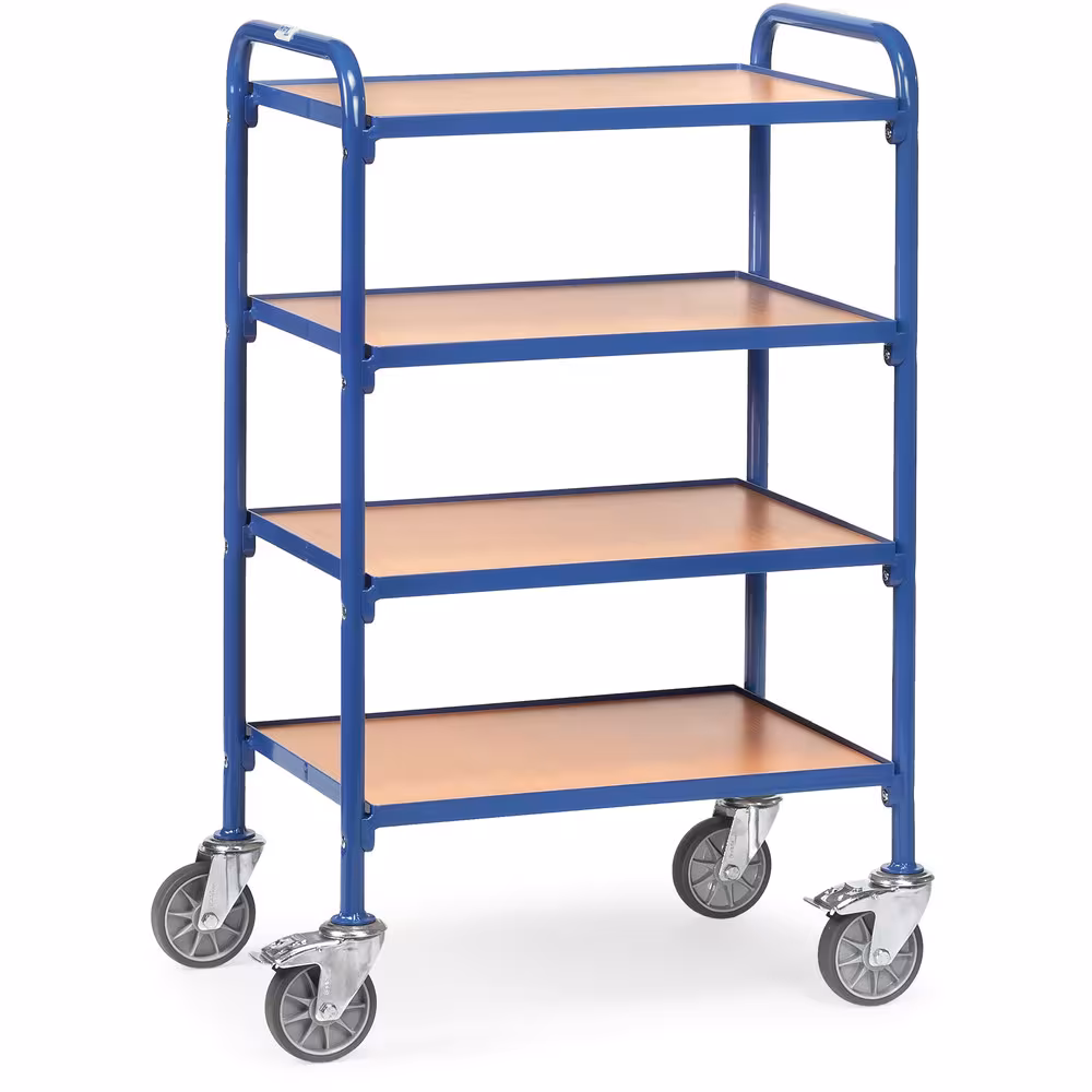 Beistellwagen 32930 - mit Böden Stahlrohr- und Profilstahl geschweißt, pulverbeschichtet blau RAL 5007, 4 Etagen mit Holzwerkstoffplatten aus der Kategorie Etagenwagen mit der Artikelnummer 32930
