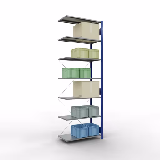 Produktbild Nr 16 des Artikels Anbauregal, Fachbodenregal Stecksystem MULTIplus85, 3000 x 1000 x 500 mm (HxBxT), 7 Fachböden, Kreuzstrebe, RAL 5010 enzianblau Abbildung Nr 16 des Artikels Anbauregal, Fachbodenregal Stecksystem MULTIplus85, 3000 x 1000 x 500 mm (HxBxT), 7 Fachböden, Kreuzstrebe, RAL 5010 enzianblau aus der Produktgruppe Stecksystem von der Marke Schulte Lagertechnik