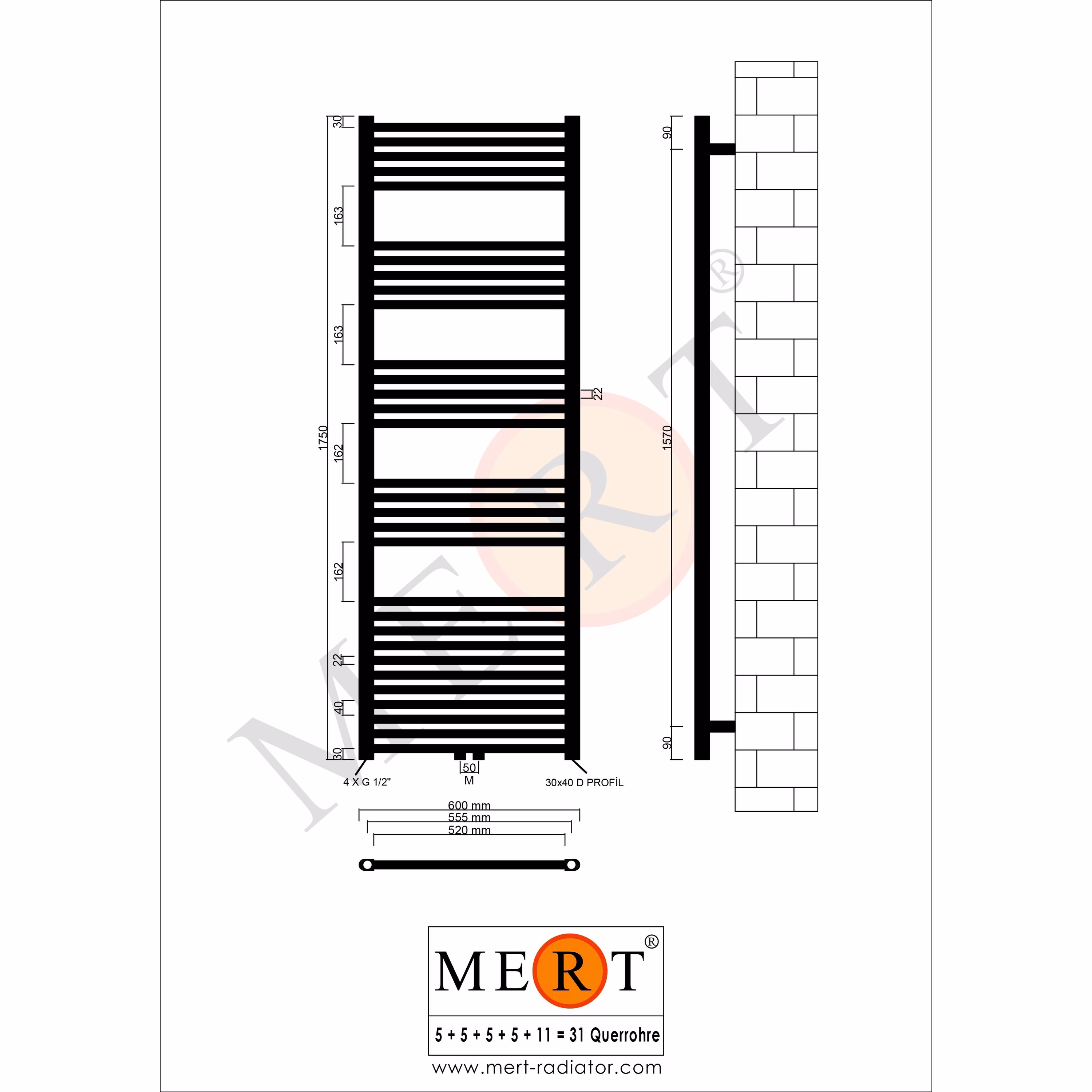 MERT Badheizkörper Comfort M, weiß, gerade, 600x1750mm, Anschluss in der Mitte 50 mm