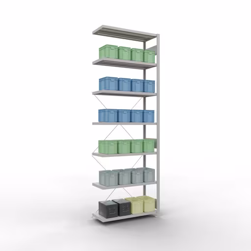 Anbauregal, Fachbodenregal Stecksystem MULTIplus250, 3000 x 1000 x 400 mm (HxBxT), 7 Fachböden, Kreuzstrebe, RAL 7035 lichtgrau mit der GTIN 4004514204172 Anbauregal, Fachbodenregal Stecksystem MULTIplus250, 3000 x 1000 x 400 mm (HxBxT), 7 Fachböden, Kreuzstrebe, RAL 7035 lichtgrau von Schulte Lagertechnik mit der Artikelnr. 32847