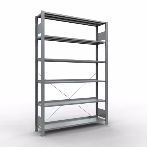 Grundregal, Büro-Fachbodenregal Stecksystem MULTIplus85, 2000 x 1300 x 300 mm (HxBxT), 6 Fachböden, Kreuzstrebe, verzinkt, mit Anschlagleiste aus der Kategorie Stecksystem mit der Artikelnummer 17708
