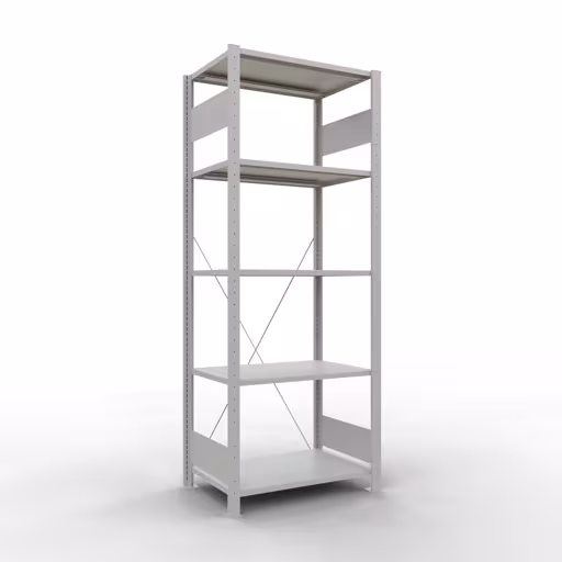 Grundregal, Fachbodenregal Stecksystem MULTIplus150, 2000 x 750 x 500 mm (HxBxT), 5 Fachböden, Kreuzstrebe, RAL 7035 lichtgrau von der Marke Schulte Lagertechnik Grundregal, Fachbodenregal Stecksystem MULTIplus150, 2000 x 750 x 500 mm (HxBxT), 5 Fachböden, Kreuzstrebe, RAL 7035 lichtgrau aus der Kategorie Grundregal mit der Artikelnummer 32650-75