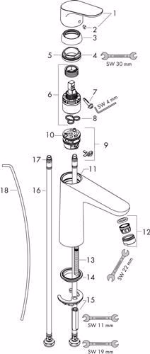 Technische Zeichnung 4027416 Hansgrohe Einhebel-Waschtischmischer FOCUS 100 Nennweite 15 Zugstangen-Ablaufgarnitur G 1 1/4 Zoll chrom