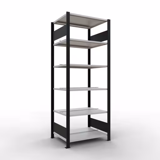 Grundregal, Büro-Fachbodenregal Stecksystem MULTIplus150, 2000 x 750 x 600 mm (HxBxT), 6 Fachböden, Längenriegel, mit Mittelanschlag, schwarz/lichtgrau aus der Kategorie Stecksystem mit der Artikelnummer 36042-S