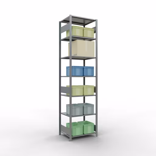 Grundregal, Fachbodenregal Stecksystem MULTIplus150, 3000 x 750 x 600 mm (HxBxT), 7 Fachböden, Längenriegel, verzinkt mit der GTIN 4004514280985 Grundregal, Fachbodenregal Stecksystem MULTIplus150, 3000 x 750 x 600 mm (HxBxT), 7 Fachböden, Längenriegel, verzinkt von Schulte Lagertechnik mit der Artikelnr. 12762-75-LR