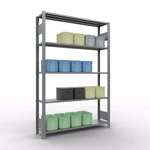 Grundregal, Fachbodenregal Stecksystem MULTIplus150, 2000 x 1300 x 300 mm (HxBxT), 5 Fachböden, Längenriegel, verzinkt aus der Kategorie Grundregal mit der GTIN 4004514279422 Grundregal, Fachbodenregal Stecksystem MULTIplus150, 2000 x 1300 x 300 mm (HxBxT), 5 Fachböden, Längenriegel, verzinkt von der Marke Schulte Lagertechnik aus der Produktreihe Stecksystem