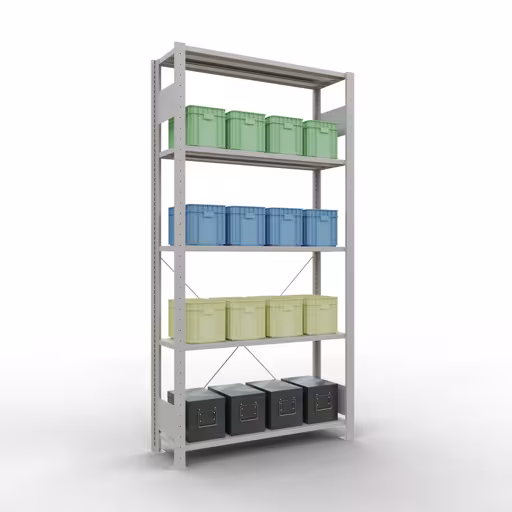 Grundregal, Fachbodenregal Stecksystem MULTIplus150, 2000 x 1000 x 300 mm (HxBxT), 5 Fachböden, Kreuzstrebe, RAL 7035 lichtgrau von Schulte Lagertechnik mit der Artikelnr. 32630