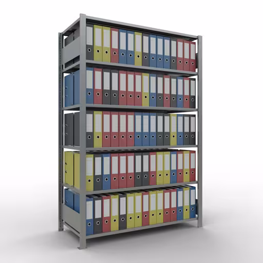 Abbildung Nr 14 des Artikels Grundregal, Büro-Fachbodenregal Stecksystem MULTIplus150, 2000 x 1300 x 600 mm (HxBxT), 6 Fachböden, Längenriegel, verzinkt, mit Mittelanschlag aus der Produktgruppe Büroregale von der Marke Schulte Lagertechnik