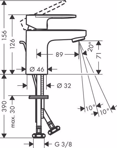Technische Zeichnung 4038244 Hansgrohe Einhebel-Waschtischmischer VERNIS Blend 70 mit Zugstangen-Ablaufgarnitur 1 1/4 Zoll chrom