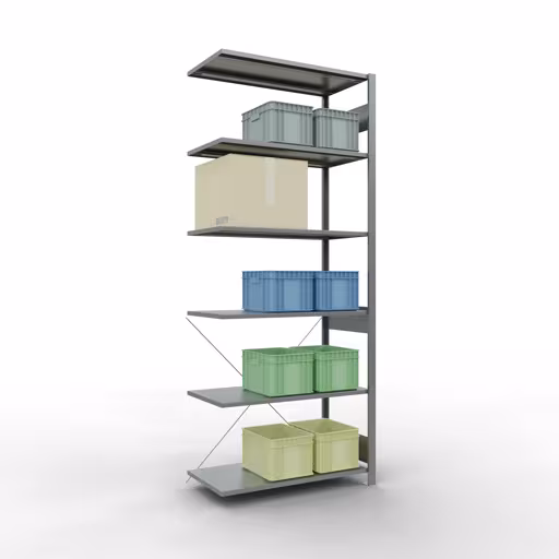 Produktbild Nr 15 des Artikels Anbauregal, Fachbodenregal Stecksystem MULTIplus150, 2500 x 1000 x 500 mm (HxBxT), 6 Fachböden, Kreuzstrebe, verzinkt Abbildung Nr 15 des Artikels Anbauregal, Fachbodenregal Stecksystem MULTIplus150, 2500 x 1000 x 500 mm (HxBxT), 6 Fachböden, Kreuzstrebe, verzinkt aus der Produktgruppe Stecksystem von der Marke Schulte Lagertechnik