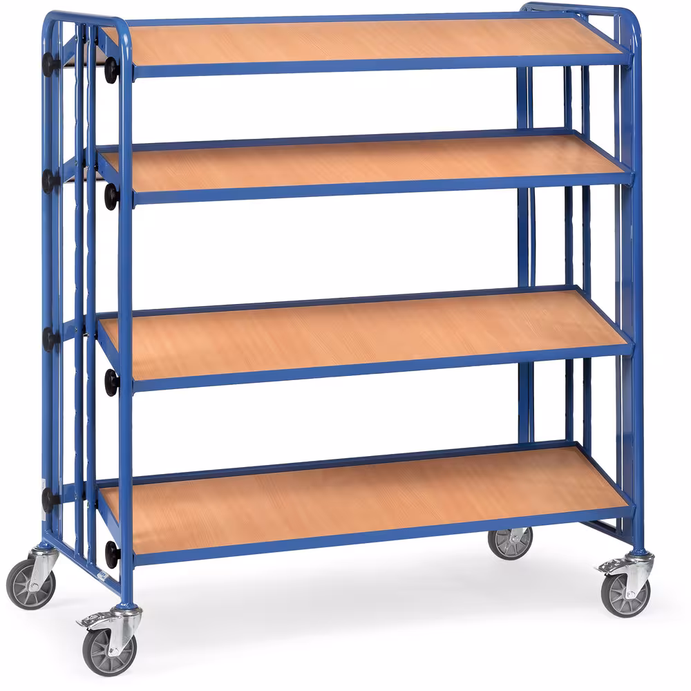 Montagewagen 2891 pulverbeschichtet blau RAL 5007, Schraubkonstruktion. 4 zweiteilige Etagen mit Holzwerkstoffplatten von der Marke Fetra aus der Produktreihe Transportsysteme
