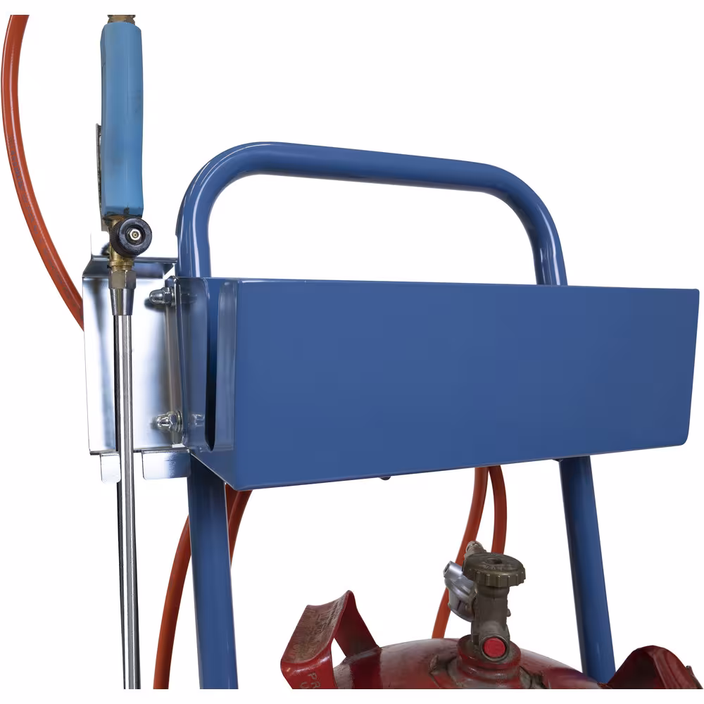 Zusatzbild des Artikels Stahlflaschenroller 51162 mit Haken für Schlauchaufwicklung, Schrumpfpistolenhalter, zusätzlicher Halterung für handelsübliche Anwärm- und Abflammbrenner aus Roller