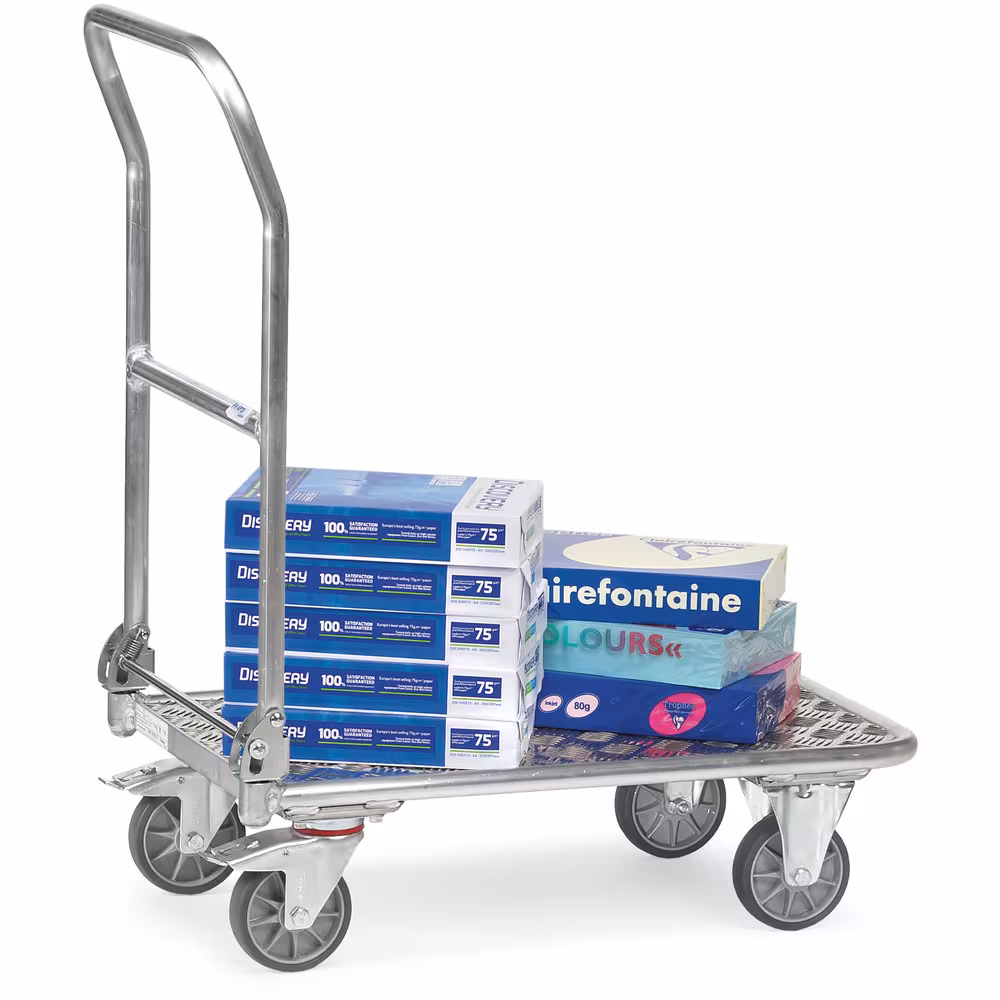 Klappwagen 1134 -ALU- Breite 600 mm, Länge 900 mm aus der Kategorie Klappwagen mit der GTIN 4017976011349 Klappwagen -ALU- Alurohrwagen mit Aluplattform, Schiebebügel auf Plattform klappbar von der Marke Fetra aus der Kategorie Klappwagen
