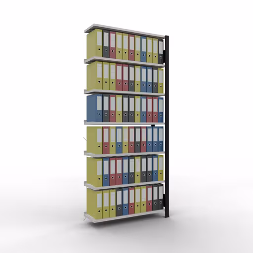 Produktbild Nr 13 des Artikels Anbauregal, Büro-Fachbodenregal Stecksystem MULTIplus85, 2300 x 1000 x 300 mm (HxBxT), 7 Fachböden, Kreuzstrebe, mit Anschlagleiste, schwarz/lichtgrau Abbildung Nr 13 des Artikels Anbauregal, Büro-Fachbodenregal Stecksystem MULTIplus85, 2300 x 1000 x 300 mm (HxBxT), 7 Fachböden, Kreuzstrebe, mit Anschlagleiste, schwarz/lichtgrau aus der Produktgruppe Büroregale von der Marke Schulte Lagertechnik