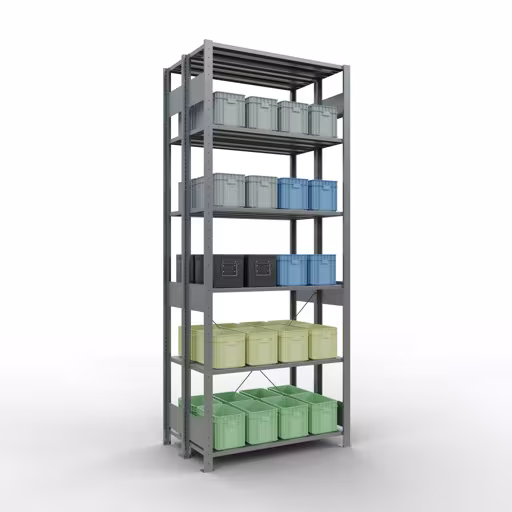 Produktbild Nr 12 des Artikels Grundregal, Doppelregal, Fachbodenregal Stecksystem MULTIplus150, 2500 x 1000 x (2x300) mm (HxBxT), 2x6 Fachböden, Kreuzstrebe, verzinkt Abbildung Nr 12 des Artikels Grundregal, Doppelregal, Fachbodenregal Stecksystem MULTIplus150, 2500 x 1000 x (2x300) mm (HxBxT), 2x6 Fachböden, Kreuzstrebe, verzinkt aus der Produktgruppe Fachbodenregale von der Marke Schulte Lagertechnik