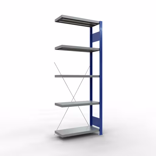 Anbauregal, Fachbodenregal Stecksystem MULTIplus250, 2000 x 750 x 300 mm (HxBxT), 5 Fachböden, Kreuzstrebe, RAL 5010 enzianblau/verzinkt/verzinkt von der Marke Schulte Lagertechnik Anbauregal, Fachbodenregal Stecksystem MULTIplus250, 2000 x 750 x 300 mm (HxBxT), 5 Fachböden, Kreuzstrebe, RAL 5010 enzianblau/verzinkt/verzinkt aus der Kategorie Anbauregal mit der Artikelnummer 12935-75-B